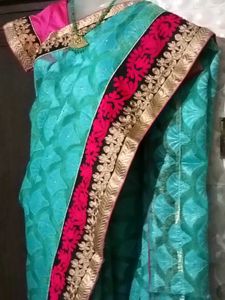 GentlyUsed BeautifulCyanEmbroidered Saree+Blouse