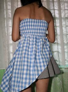 Blue Gingham Strapless Dress