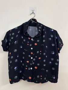 Black Floral Print Button-Up Shirt