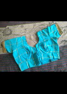 Beautiful Teal Blue Blouse with Gold Border