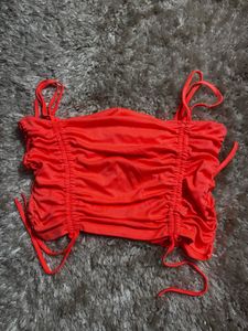 Neon Orange Ruched Drawstring Crop Top