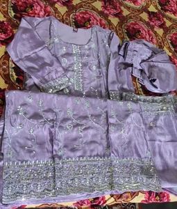 Lavender Silk Kurta Set with Embellishments