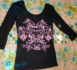 Black Long Sleeve Top with Pink Print