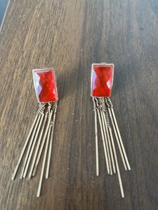 Red Stone Tassel Earrings