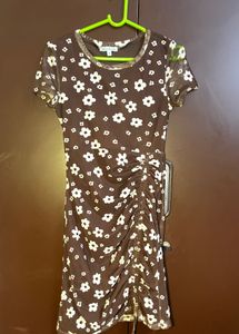 Brown Floral Ruched Mini Dress