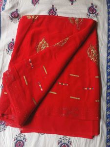 Elegant Red Georgette Saree with Golden Work