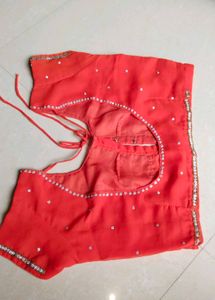 Coral -Red Embroidered Saree with Heavy Designer B