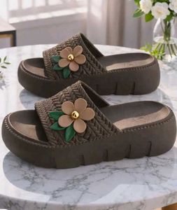 Brown Platform Slides with Flower Accent