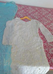 White full pakistani Sequined Kurta and dupatta on