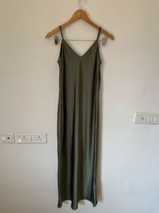 V-Neck Satin Slip Midi Dress in Olive Green