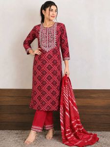 Red Bandhani Kurta Set with Sequins