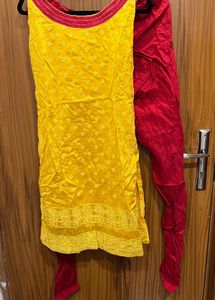 chikankari work , Yellow Kurta Set with Red Pants