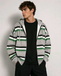 Striped Hooded Zipper Jacket