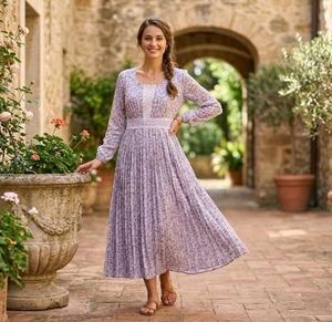 Vintage Floral Pleated Midi Dress