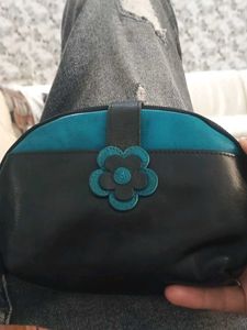 Chic Black and Teal Pouch with Flower Detail