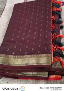 Maroon Saree with Gold Border & Tassels