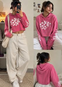 Pink Heart Print Cropped Hoodie