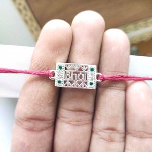 "Bhai" Logo Pure Silver Green &amp; White CZ Rakhi