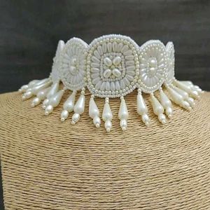 Elegant White Beaded Choker & Earring Set