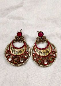 Elegant Red &amp; Gold Chandbali Earrings