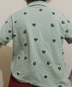 Cute Heart Print Polo Shirt size L