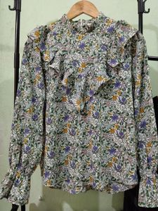 Floral Ruffle Neck Blouse