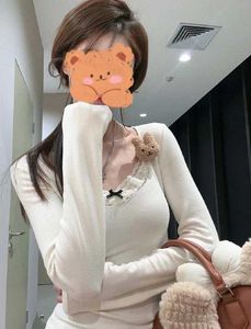 Cream Long Sleeve Lace Trim Top