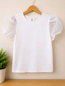 Chic White Polka Dot Top with Puff Sleeves