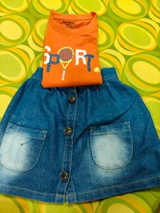 Orange Top With Denim Skirt