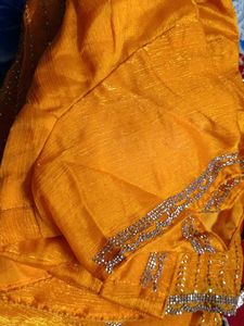 beautiful yellow Moti work saree real Zari