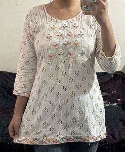 White Short Kurti with Mirror Work