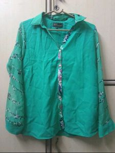 Elegant Teal Button-Up Shirt with Floral Sleeves