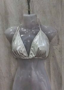 13258. Shiny Silver Halter Bikini Top