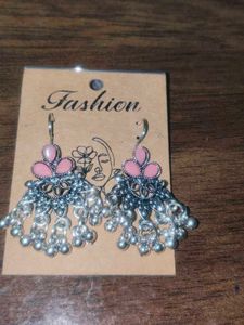Pink Floral Oxidised Silver Jhumka Earrings