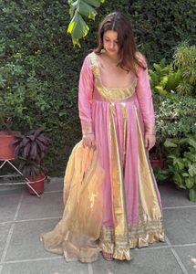 Elegant Pink &amp; Gold Anarkali Gown without bottom