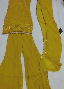 Beautiful light mustard Yellow Kurta Set with Sequ