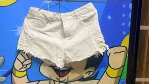 White Lace Trim Denim Shorts
