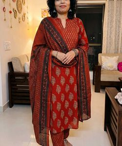 Red Printed Kurta Set with Dupatta