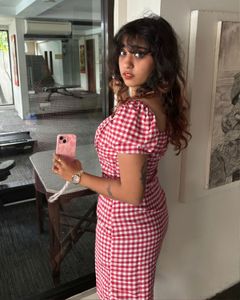 Red Gingham Puff Sleeve Dress
