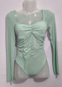Sheer Long Sleeve Ruched Bodysuit