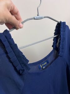 Chic Navy Blue Ruffle Neck Sheer Top