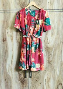 Vibrant Floral Print Wrap Dress Size-34-36