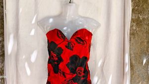 293. Red Black Floral Corset Top