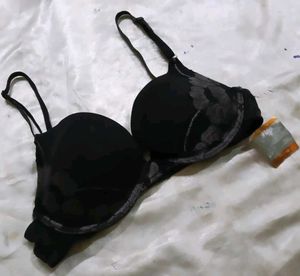 Black Padded Bra with Lace Detail
