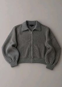 CHARCOAL GREY METALLIC ZIP-UP KNIT SWEATER