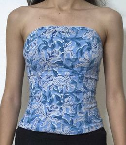 Blue Floral Print Strapless corset Top