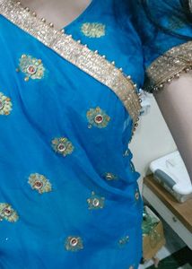 Vibrant Blue Saree with Gold Motifs