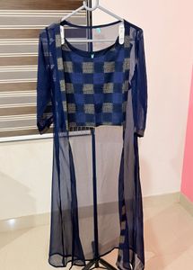 Navy Blue Kurta Set with Sheer Overlay