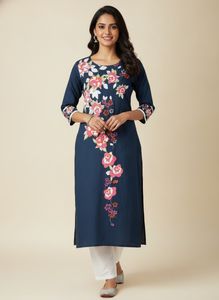 Blue Kurta with Floral Embroidery