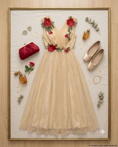 Elegant Princess gold Gown with Red Roses